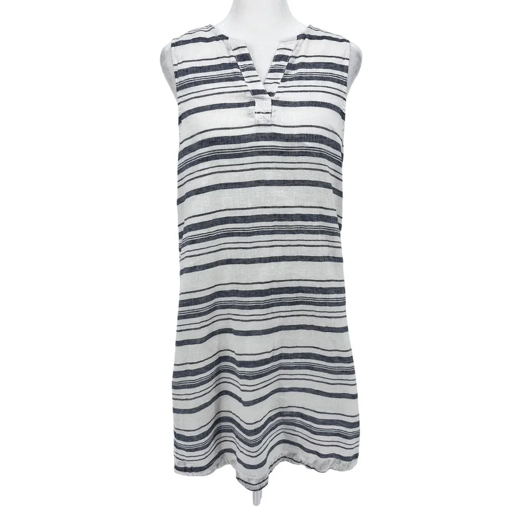 BeachLunchLounge Striped Shift Dress Womens XS White Navy Linen Blend Coastal - Picture 1 of 11